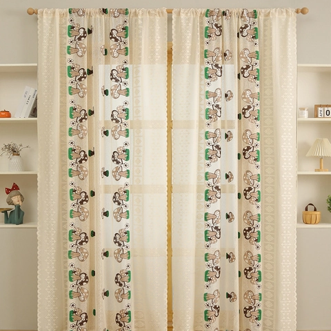 Cortina de Encaje Pastoral Americano Bordada Patrón de Champiñón Mariposa Mariquita Semi Transparente Para Dormitorio Sala de Estar