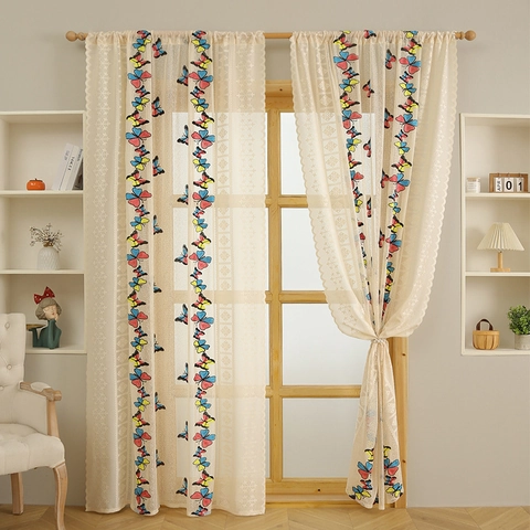 Lace Curtains Butterfly Mushroom Ladybug Embroidery Sheer Tulle American Pastoral Style Living Room Bedroom Window Drape