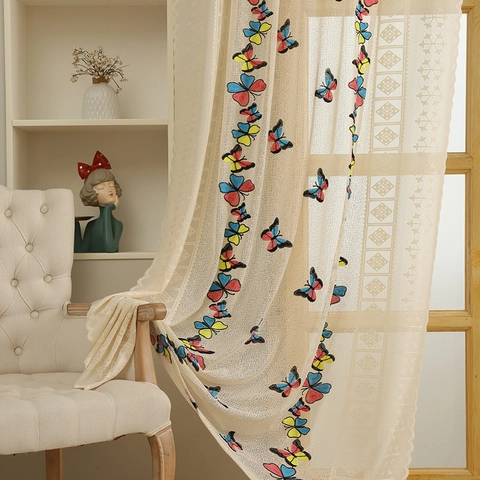 Lace Curtains Butterfly Mushroom Ladybug Embroidery Sheer Tulle American Pastoral Style Living Room Bedroom Window Drape