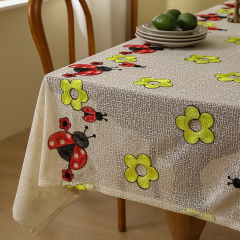 American Rural Embroidered Lace Tablecloth Dustproof Polyester Dining Table Cloth Ladybug Butterfly Mushroom Home Decor