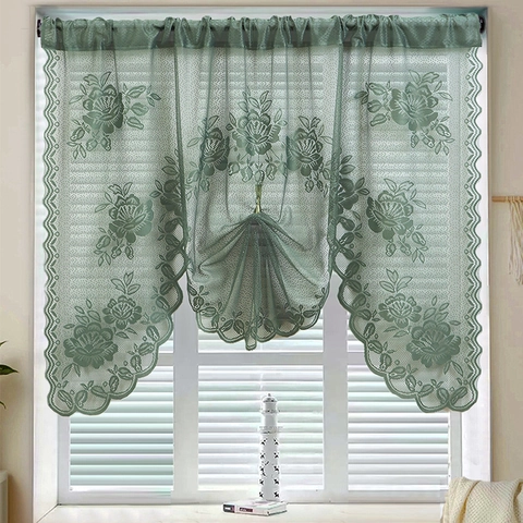 Nordic Vintage Lace Rose Embroidery Cafe Curtain Semi-Transparent Short Window Valance For Kitchen Bedroom Rod Pocket Scalloped Edge Home Decor