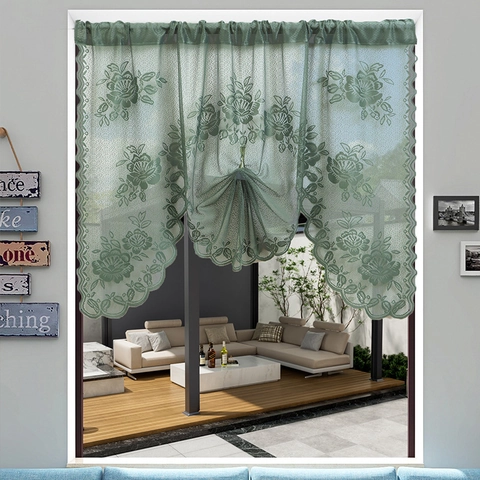Nordic Vintage Lace Rose Embroidery Cafe Curtain Semi-Transparent Short Window Valance For Kitchen Bedroom Rod Pocket Scalloped Edge Home Decor