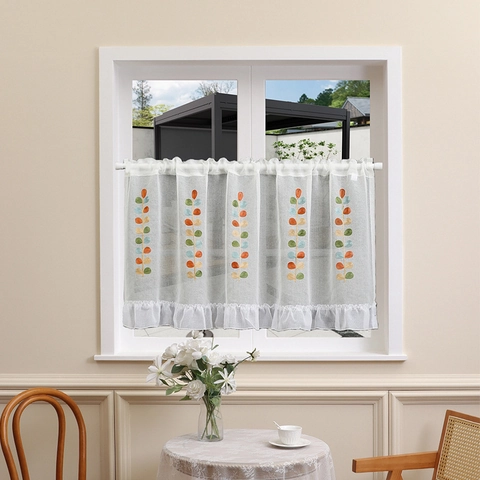 Cafe Curtain White Sheer Polyester Leaf Embroidery Ruffle Hem Rod Pocket Half Window Valance For Kitchen Bedroom