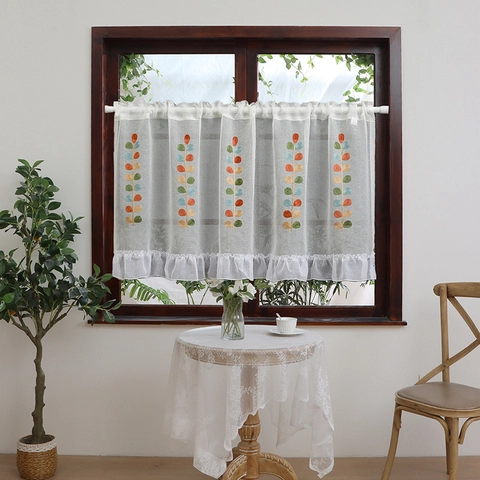 Cafe Curtain White Sheer Polyester Leaf Embroidery Ruffle Hem Rod Pocket Half Window Valance For Kitchen Bedroom