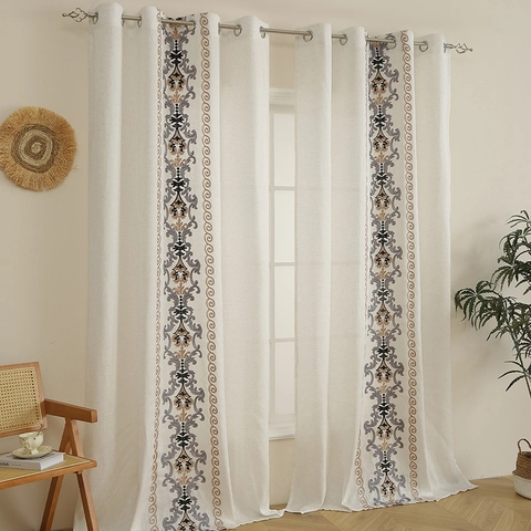 Faux Linen Embroidered Grommet Curtains Bohemian Scroll Pattern Semi Sheer Window Drapes For Living Room Bedroom
