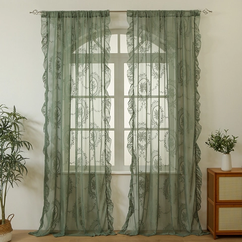 French Pastoral Lace Sheer Curtains For Living Room Bedroom Vintage Floral Embroidery Ruffle Semi-shading Polyester Window Drapes