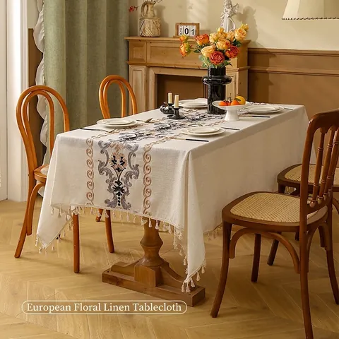 Vintage Embroidered Floral Linen Tablecloth Rectangular With Tassel Edge Elegant European Style For Dining Room Decor