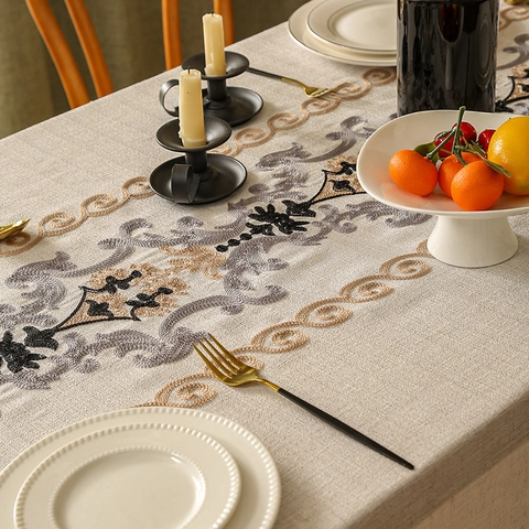 Vintage Embroidered Floral Linen Tablecloth Rectangular With Tassel Edge Elegant European Style For Dining Room Decor