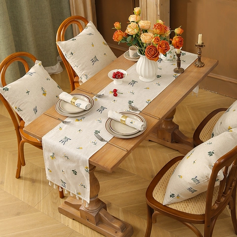 Camino De Table Bordado Patrón Trigo Lino Poliéster Con Borlas Estilo Rural Para Mesa De Comedor Café