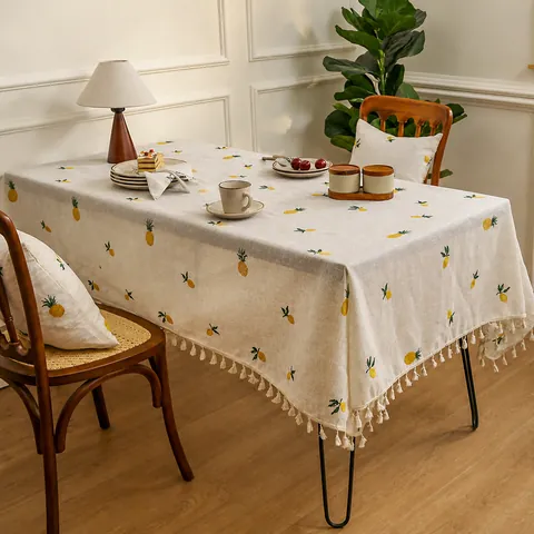 Nappe en Lin Style Japonais Avec Glands Broderie Ananas Cerise Rectangulaire Housse de Table Anti-poussière pour Salle à Manger Décoration Maison