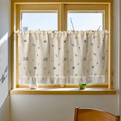 Japanese Style Linen Look Embroidery Cafe Curtain Floral Pattern Rod Pocket Half Curtain For Kitchen Window Home Decor
