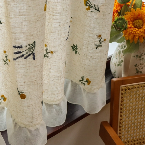Japanese Style Linen Look Embroidery Cafe Curtain Floral Pattern Rod Pocket Half Curtain For Kitchen Window Home Decor