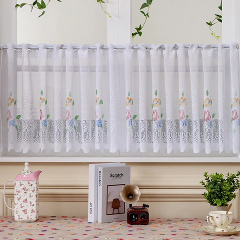 White Lace Cafe Curtain Floral Embroidery Scalloped Edge Half Window Curtains For Kitchen Bedroom Rod Pocket Pastoral Style