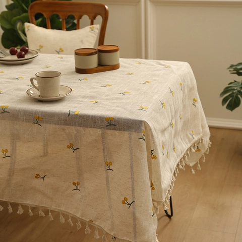 Embroidered Cotton Linen Tablecloth With Tassels Japanese Pastoral Style Dustproof Decorative Dining Table Cloth