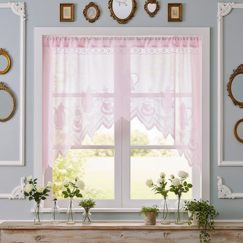 Französischer Stil Spitze Durchbrochen Kaffee Vorhang Polyester Blumen Teekanne Muster Wellenkante Kurzvorhang Trennvorhang Für Schlafzimmer Küche