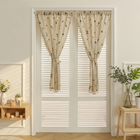 Cortina de Puerta Bordada Floral Borde de Borlas Poliéster Aspecto Algodón Lino Cortina de Armario Ventana Pequeña Decoración