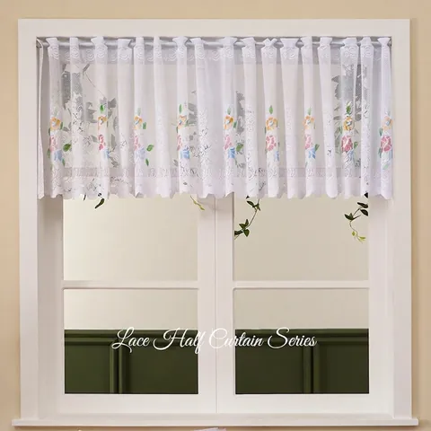 White Lace Cafe Curtain Floral Embroidery Scalloped Edge Half Window Curtains For Kitchen Bedroom Rod Pocket Pastoral Style