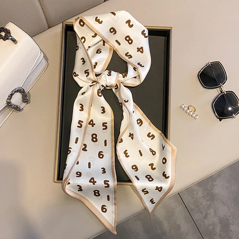 Women Narrow Long Satin Like Satin Scarf Number Print French Style Hair Band Bag Handle Wrap Neck Tie