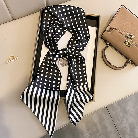 Sciarpa Lunga Stretta A Pois E Righe E Anello Di Künstliche Perle Lega Poliestere Raso Neckerchief Donna Borsa Manico Capelli