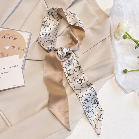 Skinny Long Scarf Faux Satin Satin Double Sided Floral Geometric Pattern Bag Handle Wrap Neck Tie Elegant Accessory