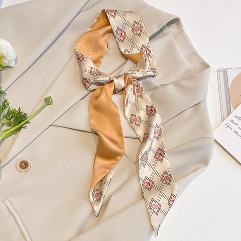 Skinny Long Scarf Faux Satin Satin Double Sided Floral Geometric Pattern Bag Handle Wrap Neck Tie Elegant Accessory