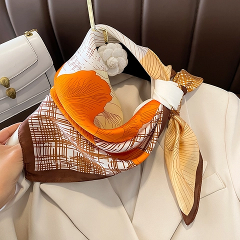 Quadratisches Halstuch Satin Satinnähnlich Blumendruck Geometrisches Gitter Hals Haar Kopf Wickel Mode Elegant Damen