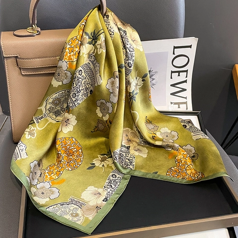 Women Mulberry Satin Square Scarf Elegant Floral Porcelain Print Satin Head Neck Fashion Wrap Accessory