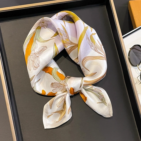 Mulberry Satin Square Scarf Elegant Iris Flower Print Neck Kerchief For Women Commute Fashion Accessories