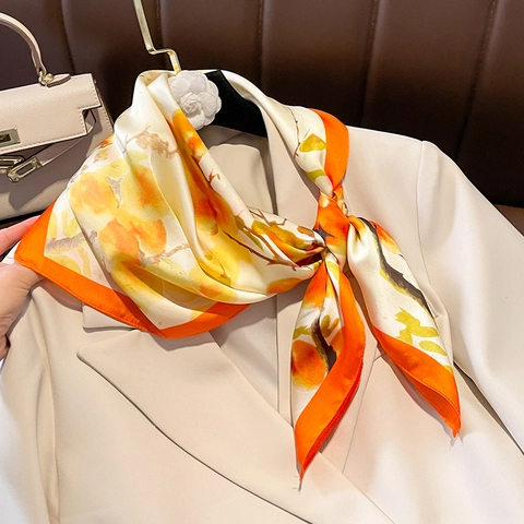 Square Scarf Imitation Satin Polyester Persimmon Print Contrast Orange Hem Smooth Satin Neckwear Headscarf Fashion Accessory