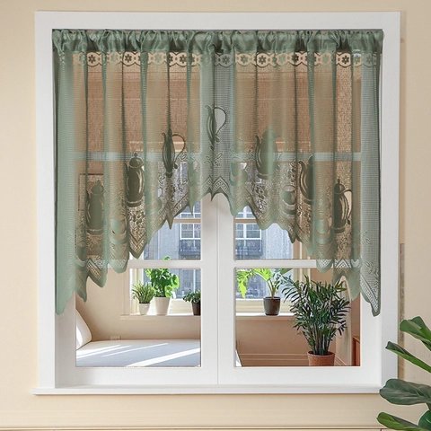 Französischer Stil Spitze Durchbrochen Café-Vorhang Blumen Teekanne Muster Wellenkante Halbe Vorhang Für Küche Schlafzimmer Fenster Deko