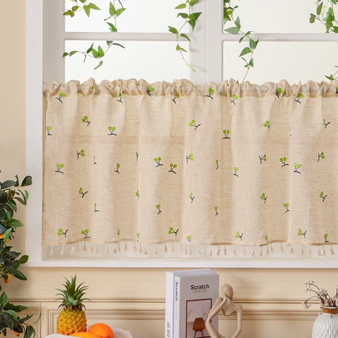 Japanese Style Cotton Linen Coffee Curtain With Embroidered Fruit Pattern Tassel Hem Semi Shading Small Window Curtain For Kitchen Cabinet Decor