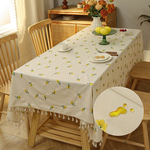Rectangular Tablecloth Polyester Cotton Embroidered Sunflower Floral Waterproof Oil-Proof With Tassels For Dining Table