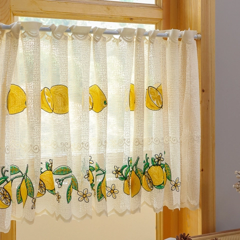 Pastoral Embroidered Coffee Curtain American Style Semi Transparent Short Window Curtain Polyester Lemon Strawberry Pattern Wave Edge Lace Cafe Kitchen Home Decor