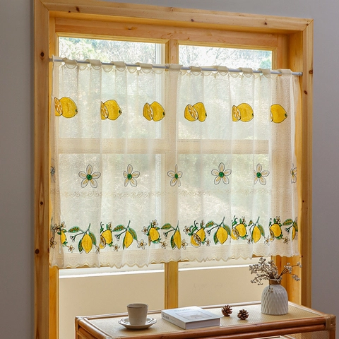 American Pastoral Style Lemon Strawberry Embroidered Coffee Curtain Creamy White Lace Scalloped Edge Short Window Curtain