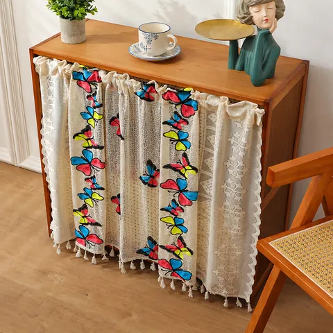 Cortina de Café Pastoral de Encaje Con Mariposa Bordada Estilo Rural Poliéster Cortina Corta Para Ventana Con Borla Cocina