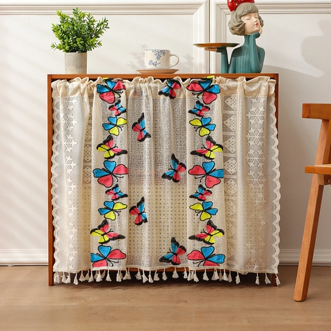 Cortina de Café Pastoral de Encaje Con Mariposa Bordada Estilo Rural Poliéster Cortina Corta Para Ventana Con Borla Cocina