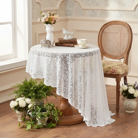 French Vintage White Lace Tablecloth Floral Jacquard Scalloped Edge Table Cover For Dining Table Photography Background Home Decor