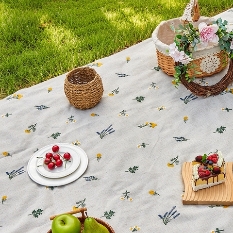 Coperta Da Picnic All'Aperto Miscela Di Lino E Poliestere Motivo Floreale Ricamato Stile Pastorale Portatile Impermeabile Spiaggia