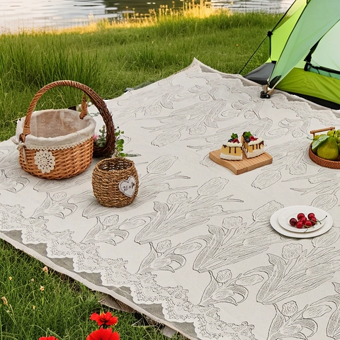 Manta De Picnic Al Aire Libre Poliéster Borde De Encaje Tulipán Jacquard Estera De Camping Playa Césped Estilo Vintage