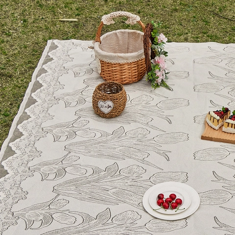 Manta De Picnic Al Aire Libre Poliéster Borde De Encaje Tulipán Jacquard Estera De Camping Playa Césped Estilo Vintage