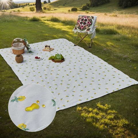 Tappetino Da Picnic All'aperto Impermeabile Cotone Poliestere Ricamo Girasole Frangia Pieghevole Campeggio Spiaggia Coperta Portatile