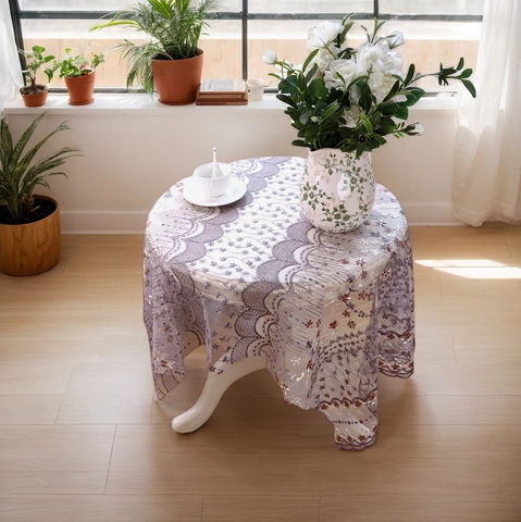 Elegante Lila Spitze Tischdecke Blumenstickerei Wellenrand Hohlraum Vintage Französisch Mesh Abdeckung