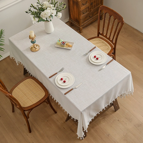 Nappe Style Japonais Couleur Unie Aspect Lin Avec Glands Rectangulaire Anti-poussière Résistante À La Chaleur Housse De Table Pour Maison Cuisine Décor