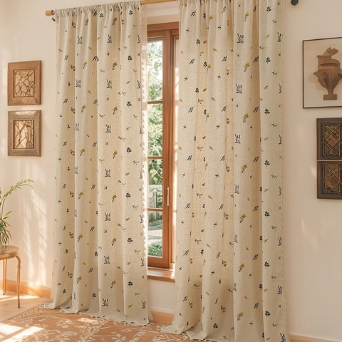 Embroidered Polyester Linen Look Curtains Wheat Floral Pattern Semi Sheer Tassel Rod Pocket Pastoral Style Window Drapes