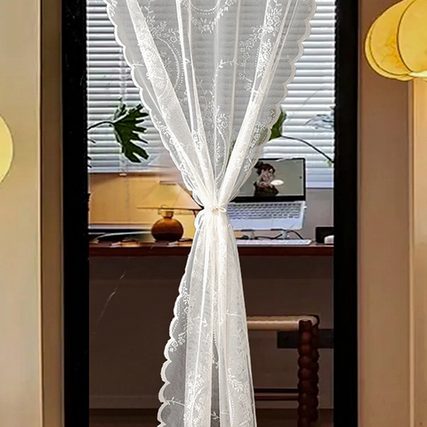Franse Vintage Kant Deurgordijn Bloem Borduursel Golvende Rand Polyester Mesh Semi Transparant Decoratief