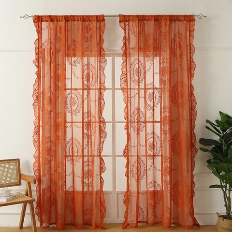 French Vintage Floral Lace Sheer Curtains Rod Pocket Voile Panels With Ruffle Trim For Living Room Bedroom Home Window Decor