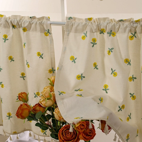 Pastoral Sunflower Embroidered Cafe Curtain Polyester Cotton Fabric Tassel Short Kitchen Curtain For Small Window Home Decor