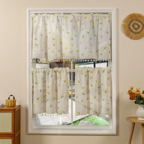 Pastoral Sunflower Embroidered Cafe Curtain Polyester Cotton Fabric Tassel Short Kitchen Curtain For Small Window Home Decor