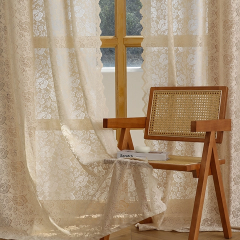 Rideaux Voilages en Dentelle Florale Style Français pour Salon Chambre à Coucher Élégant Jacquard en Polyester à Oeillets Filtrant la Lumière