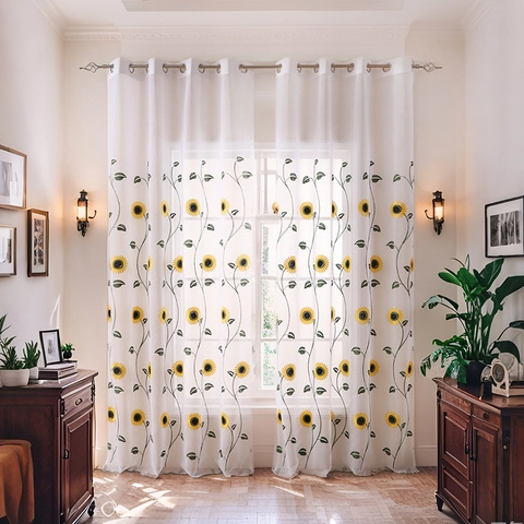 Sunflower Floral Embroidered White Sheer Curtains Grommet Top Semi Shading Polyester Tulle Window Drapes Living Room